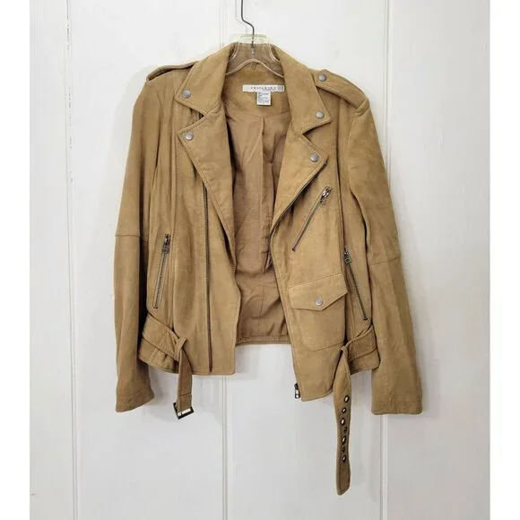 Rezrekshn by Ester Chen Tan Suede Moto Jacket Women's Size Small - Picture 5 of 7